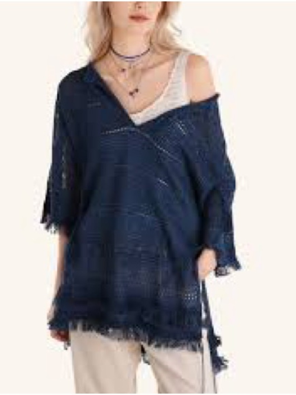 Ralph Lauren Navy Open-Knit Off-the-Shoulder Fringe Sweater
